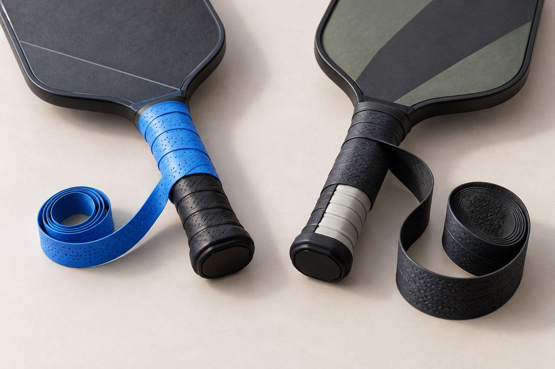 AI illustration of a thin blue overgrip over a base grip beside a thicker replacement grip being unwrapped.