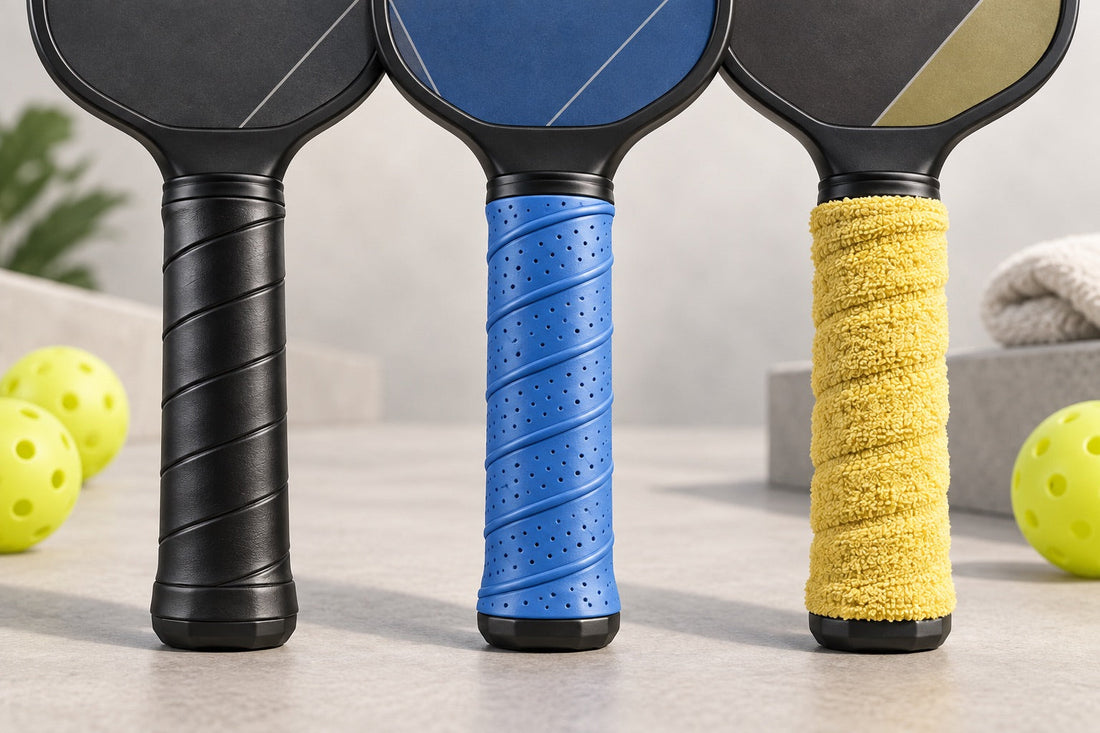 AI illustration comparing smooth black, ribbed blue and yellow towel wraps on generic pickleball paddle handles.