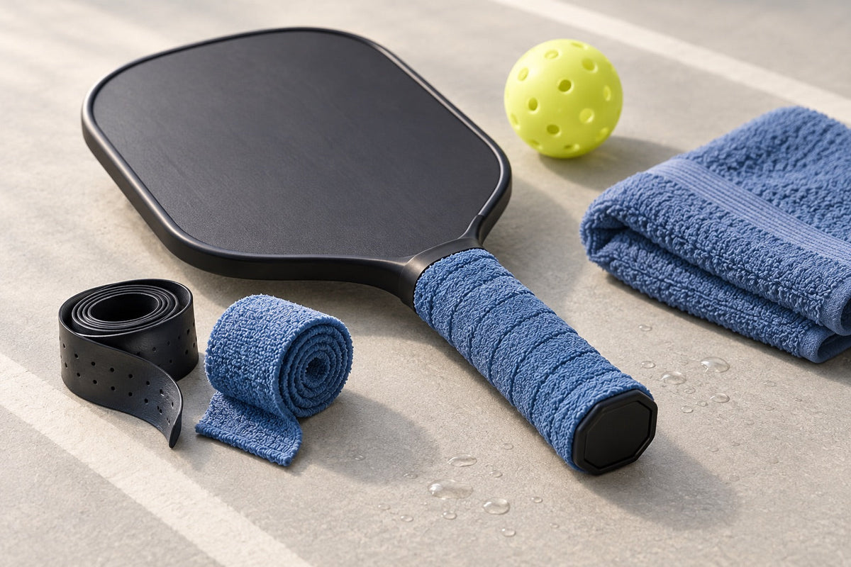 AI illustration of a towel-wrapped pickleball paddle, hand towel and spare grips for a sweaty-hands guide.