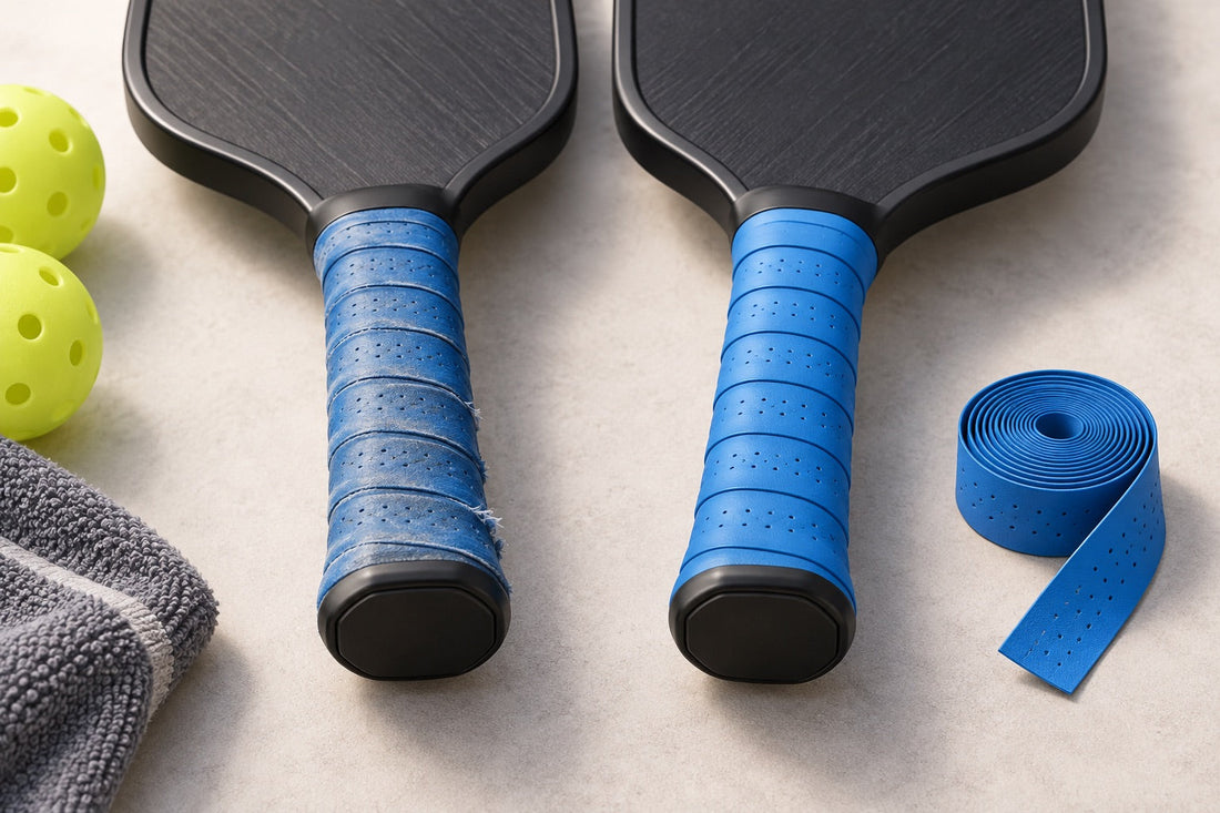 AI illustration comparing a worn blue overgrip with a fresh wrap on generic pickleball paddle handles.