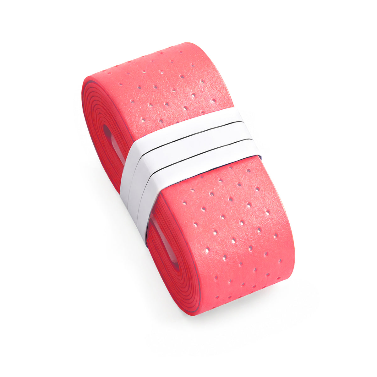 Close-up of a pink R1 overgrip roll showing its perforations.