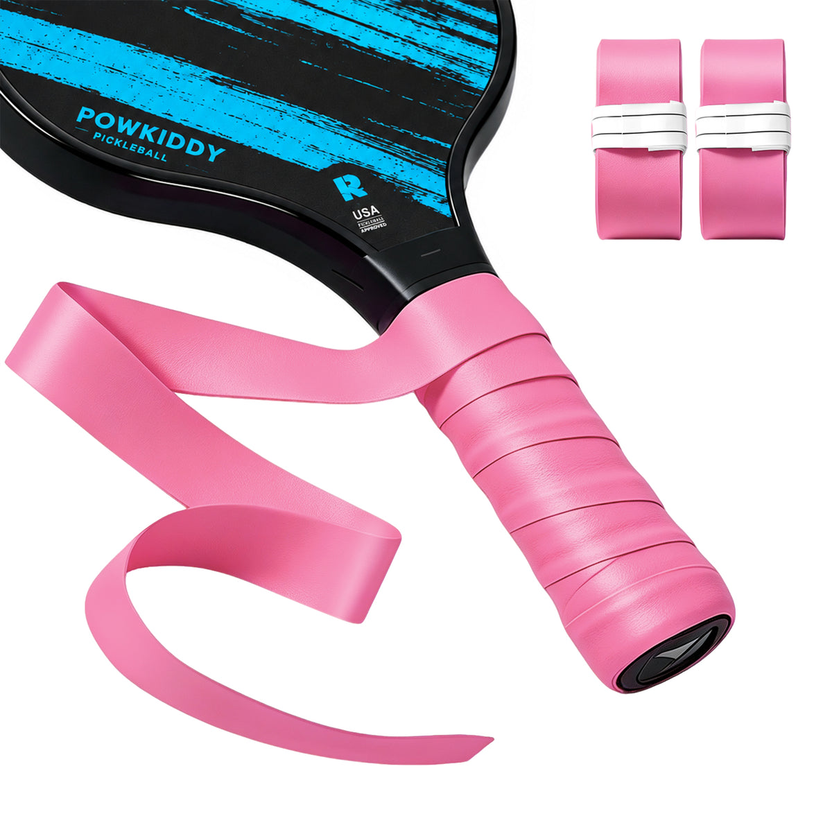 Pink S1 smooth overgrip on a pickleball paddle handle with a matching strip and two rolls.