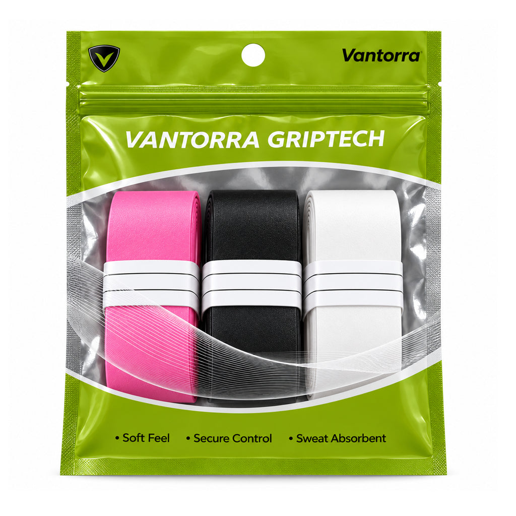 Green Vantorra GripTech pouch displaying pink, black and white smooth overgrip rolls.