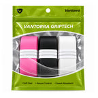Green Vantorra GripTech pouch displaying pink, black and white smooth overgrip rolls.