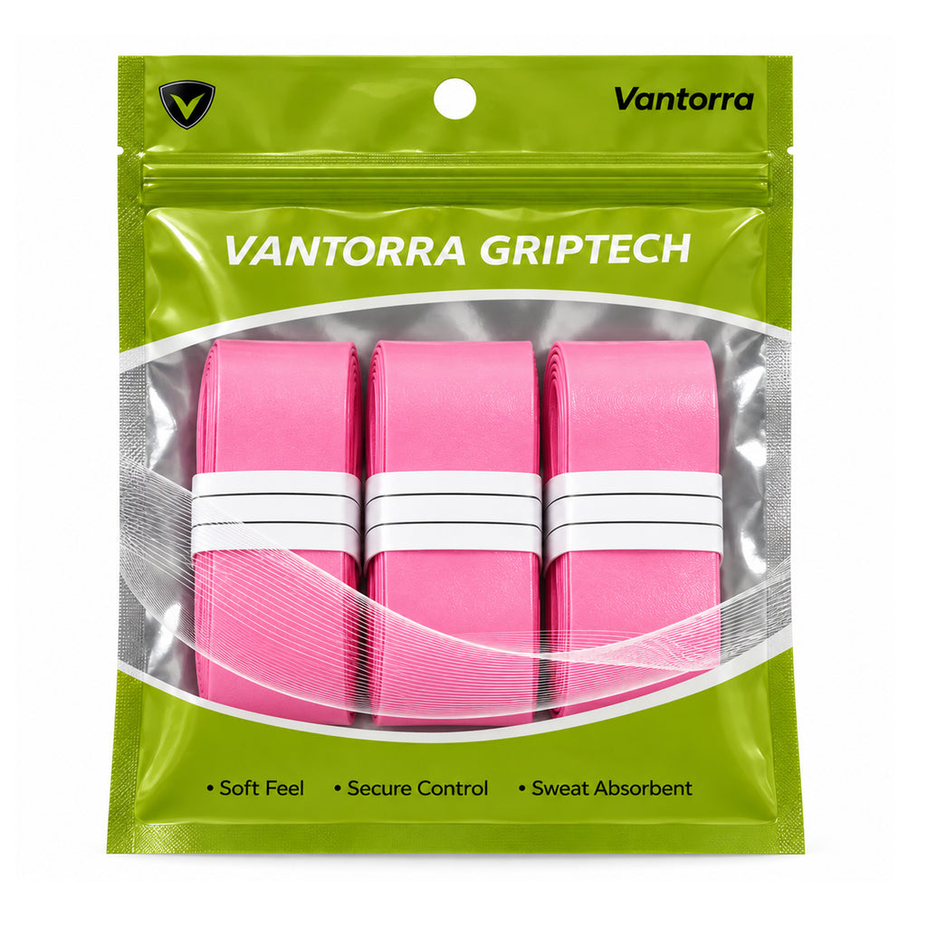Vantorra GripTech packaging showing three pink smooth overgrip rolls.