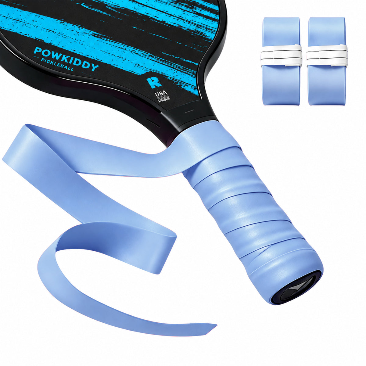 Light blue S1 smooth overgrip wrapped around a paddle handle beside a loose strip and two rolls.