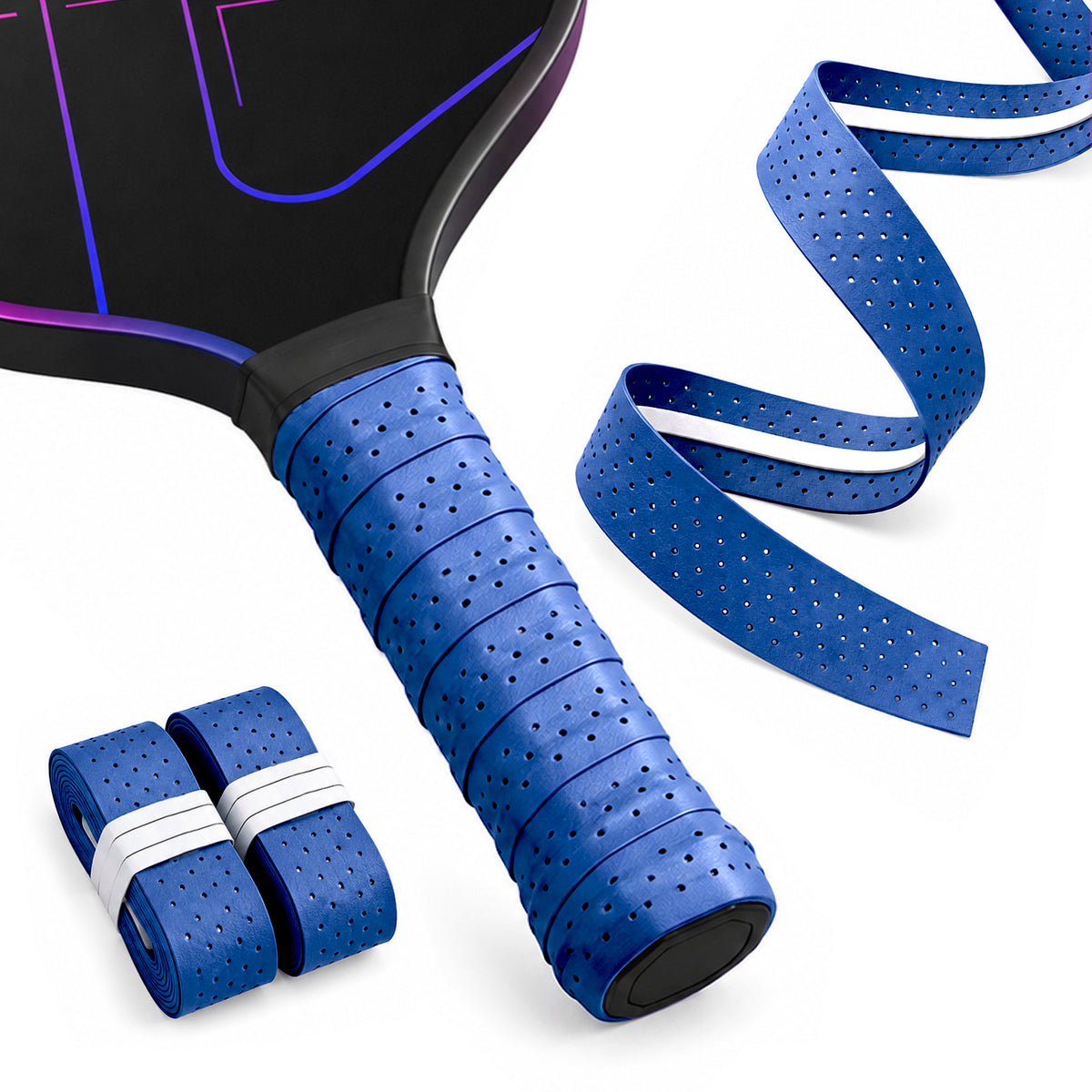 Blue R1 overgrip shown wrapped on a paddle, rolled and unrolled with its center ridge visible.