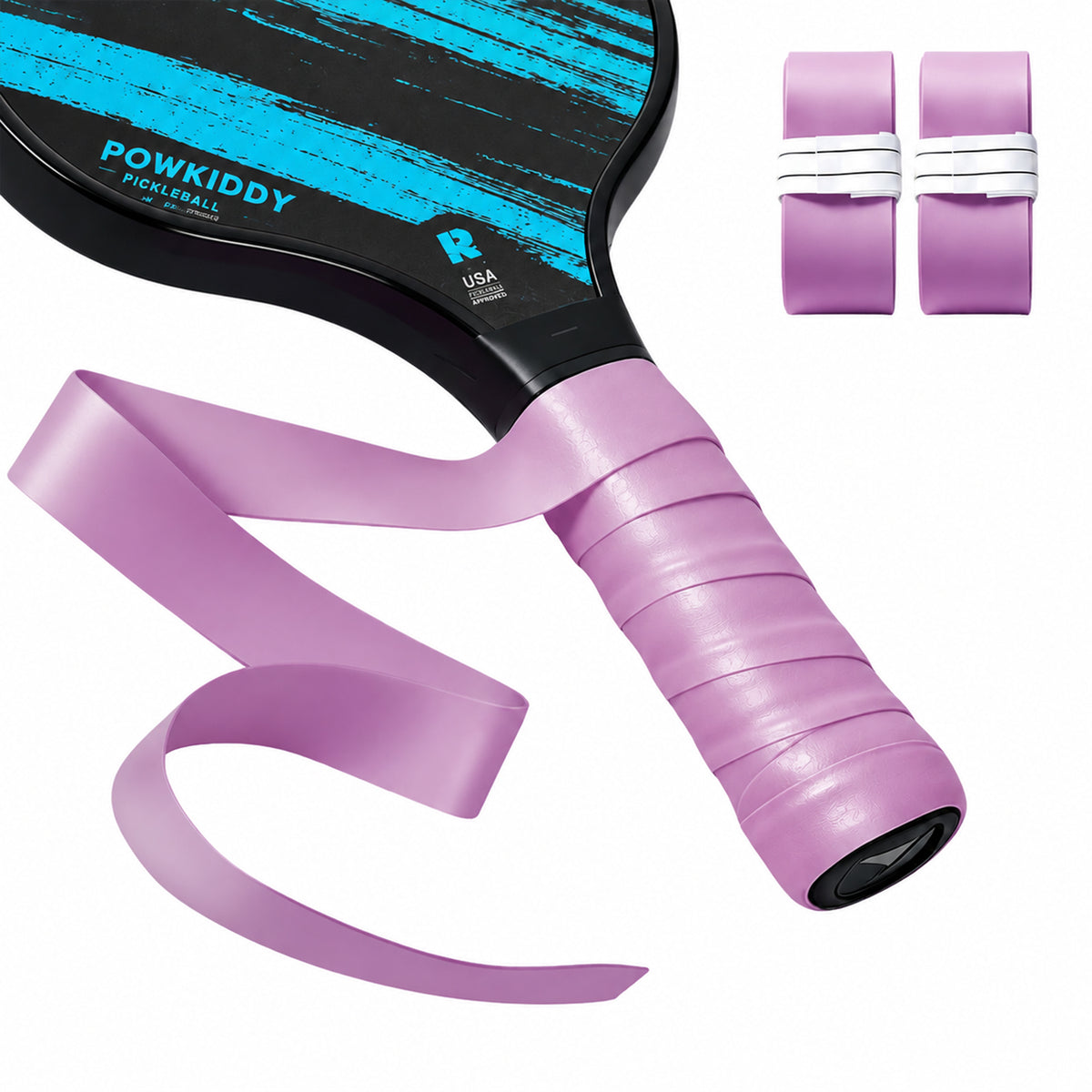 Purple S1 smooth grip tape shown wrapped on a paddle, unrolled and in two compact rolls.