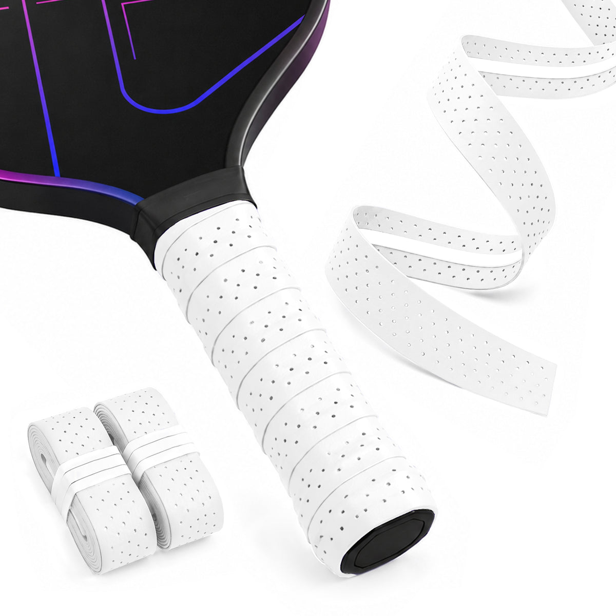 White R1 perforated overgrip on a paddle handle with matching rolls and an extended strip.