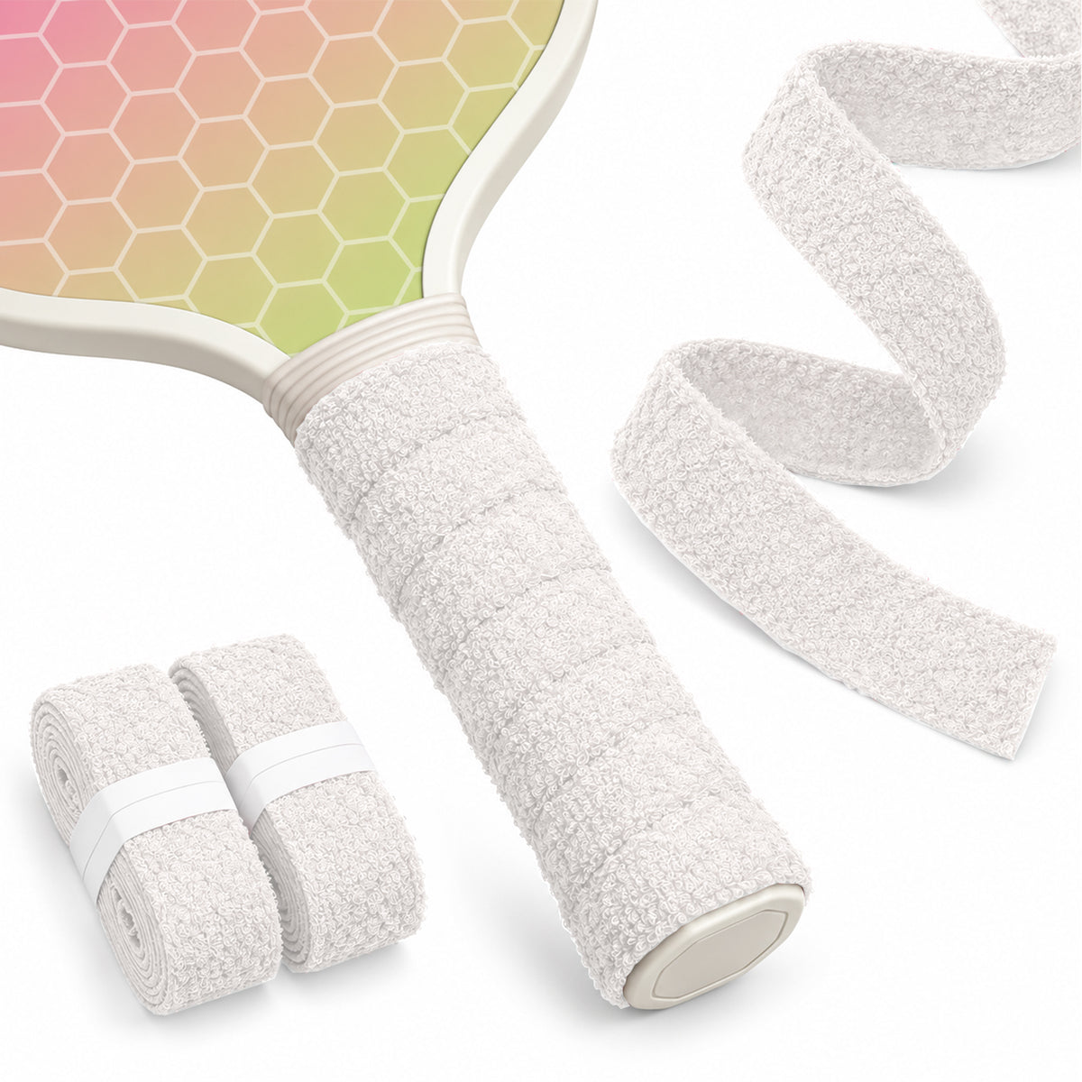 White T1 cotton towel grip tape wrapped on a paddle handle with matching rolls and a loose strip.