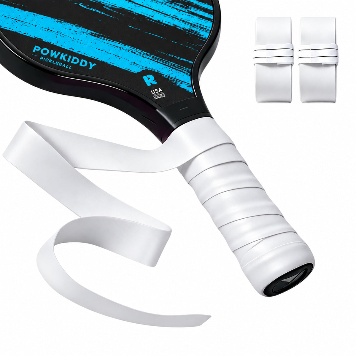 White S1 smooth overgrip wrapped on a paddle handle beside an extended strip and two rolls.