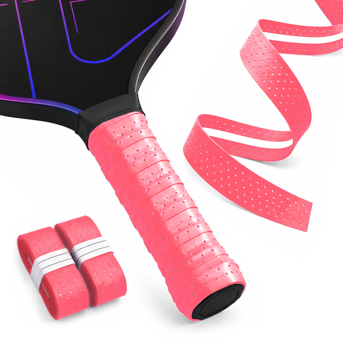 Pink R1 grip tape wrapped on a paddle beside two rolls and an unrolled perforated strip.