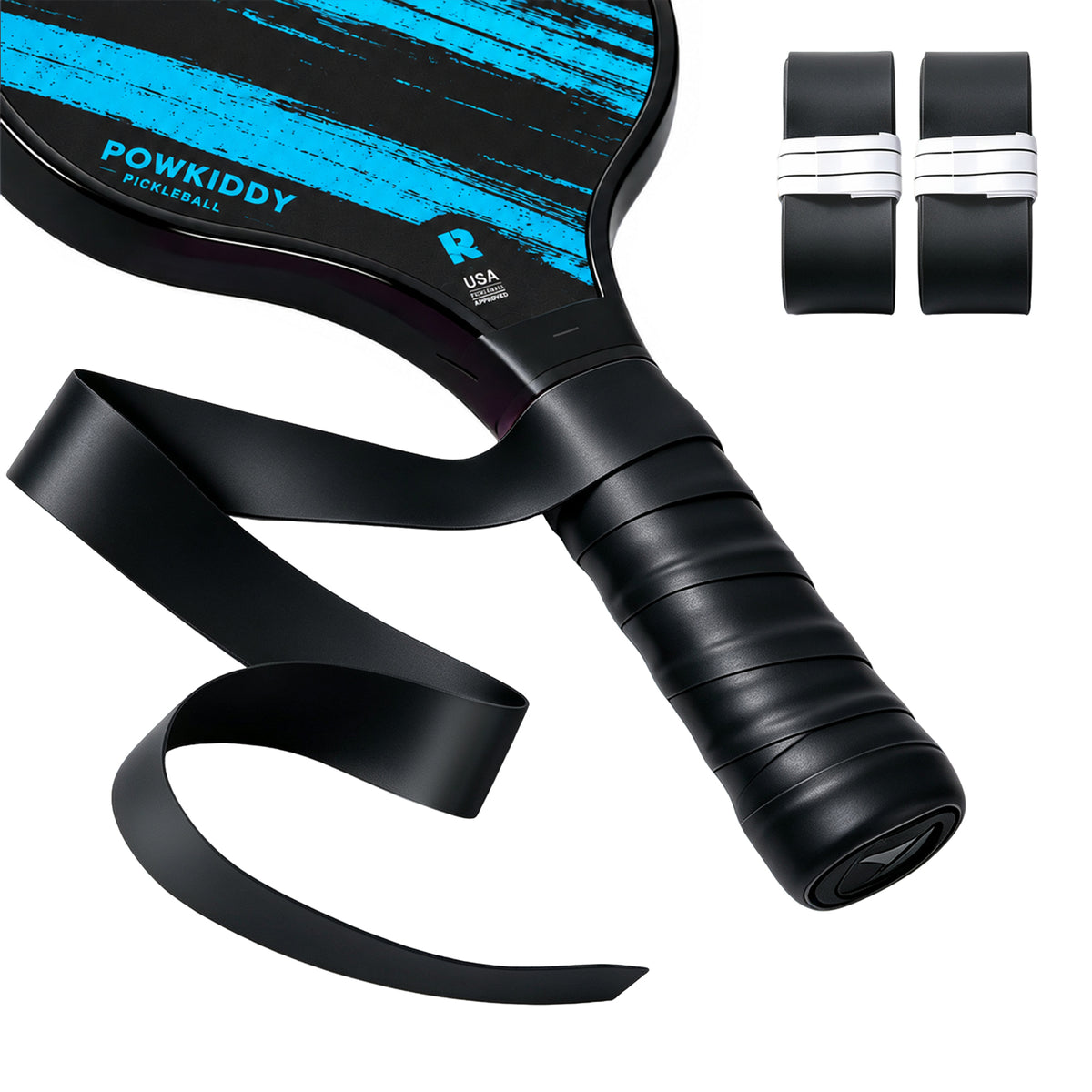 Black S1 smooth overgrip on a paddle handle, with an unrolled strip and two rolled grips.