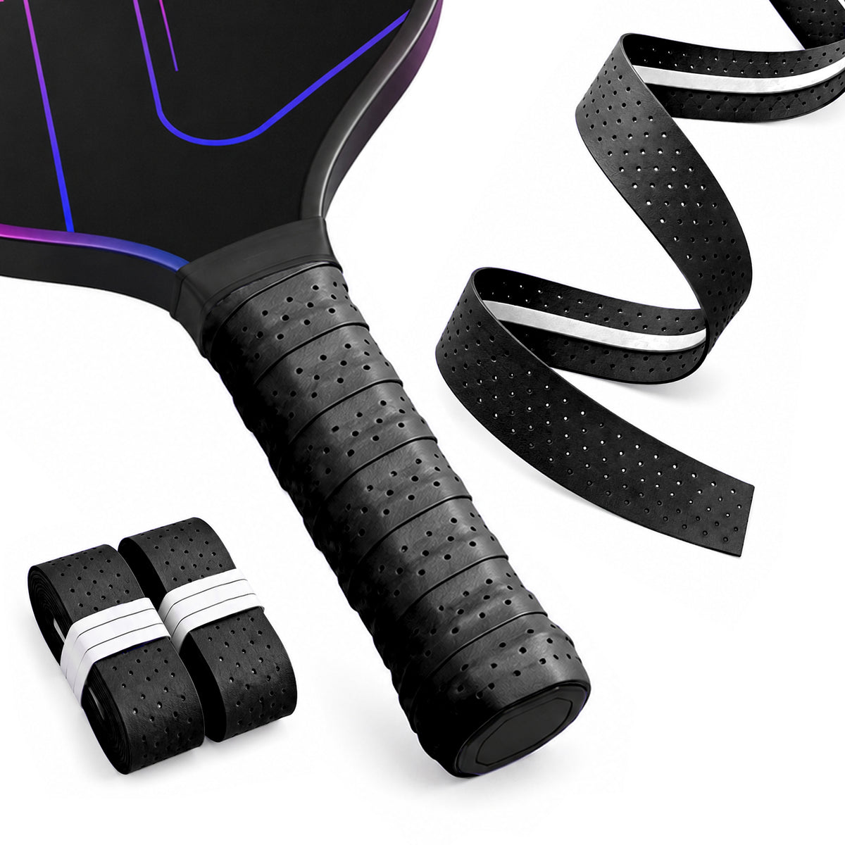Black R1 perforated overgrip on a paddle handle with two rolls and an extended strip showing its center ridge.