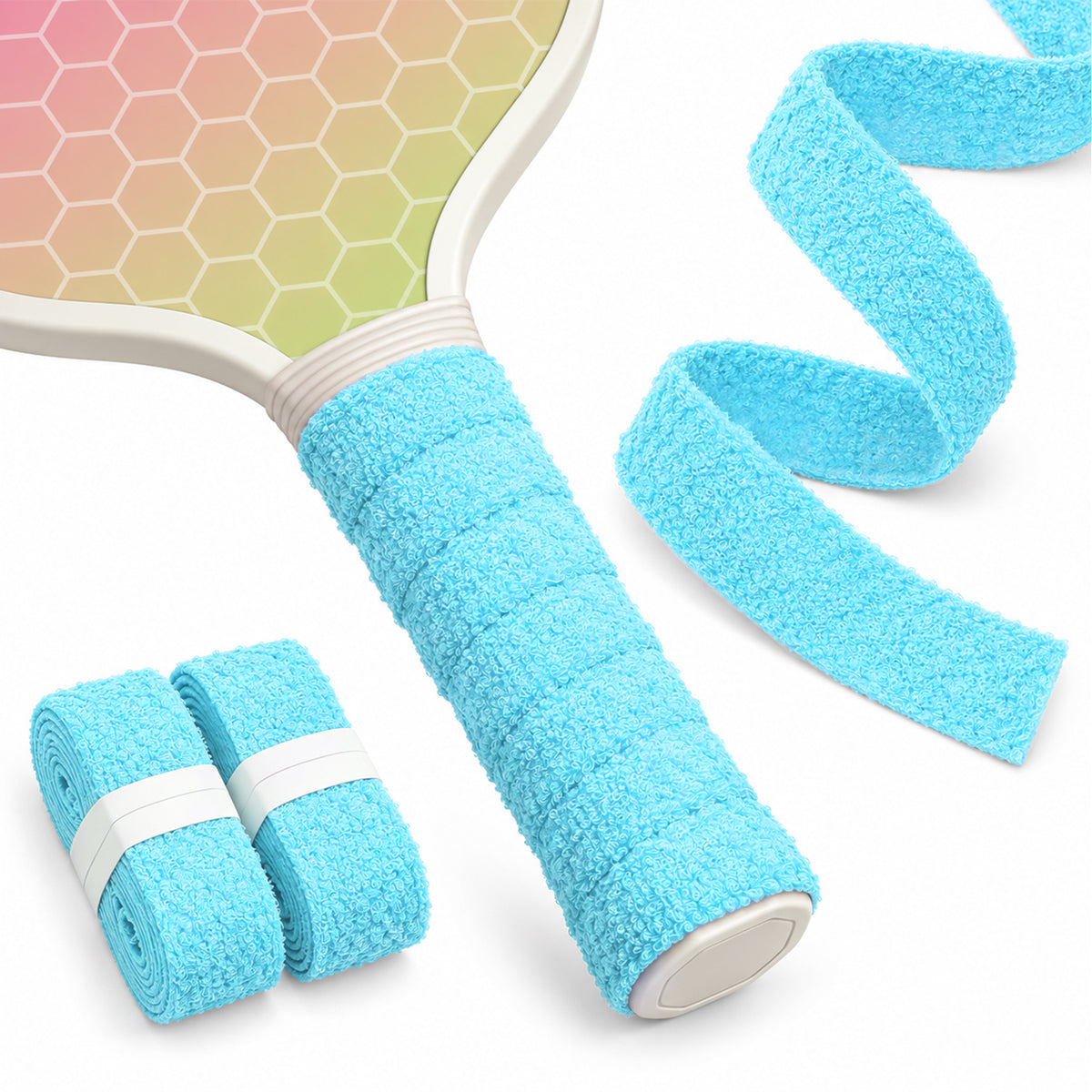 Blue T1 towel overgrip shown wrapped on a paddle, rolled and unrolled.