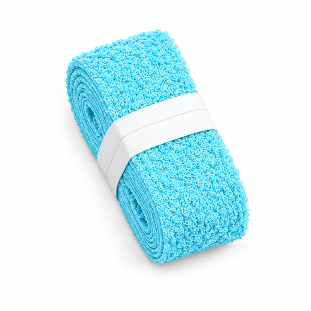 Blue T1 towel overgrip roll showing its textured cotton surface.