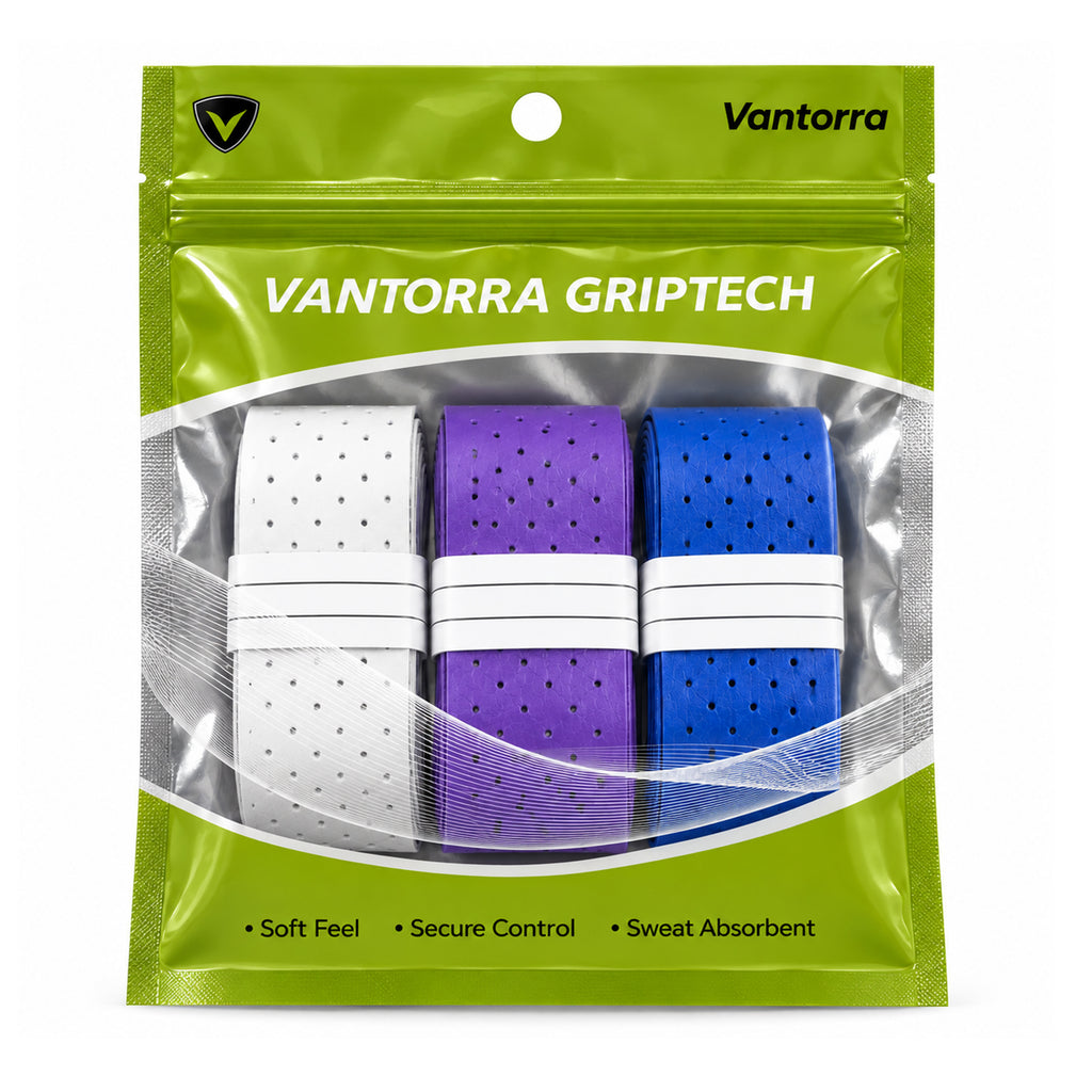 Vantorra GripTech packaging displaying white, purple and blue perforated overgrip rolls.