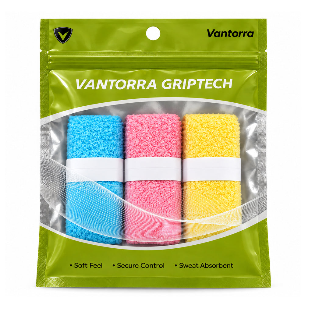 Vantorra GripTech packaging showing blue, pink and yellow towel overgrip rolls.
