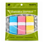 Vantorra GripTech packaging showing blue, pink and yellow towel overgrip rolls.