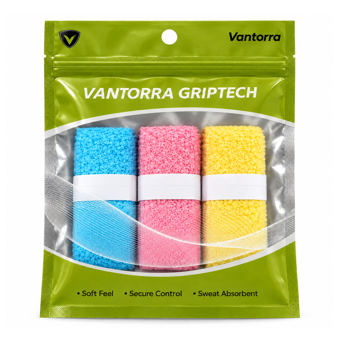 Vantorra GripTech packaging showing blue, pink and yellow towel overgrip rolls.