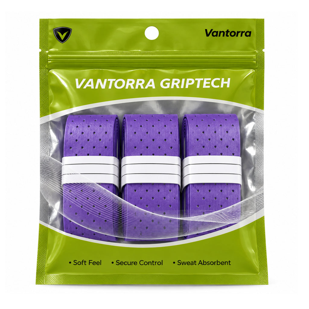 Green Vantorra GripTech pouch containing three purple perforated overgrip rolls.
