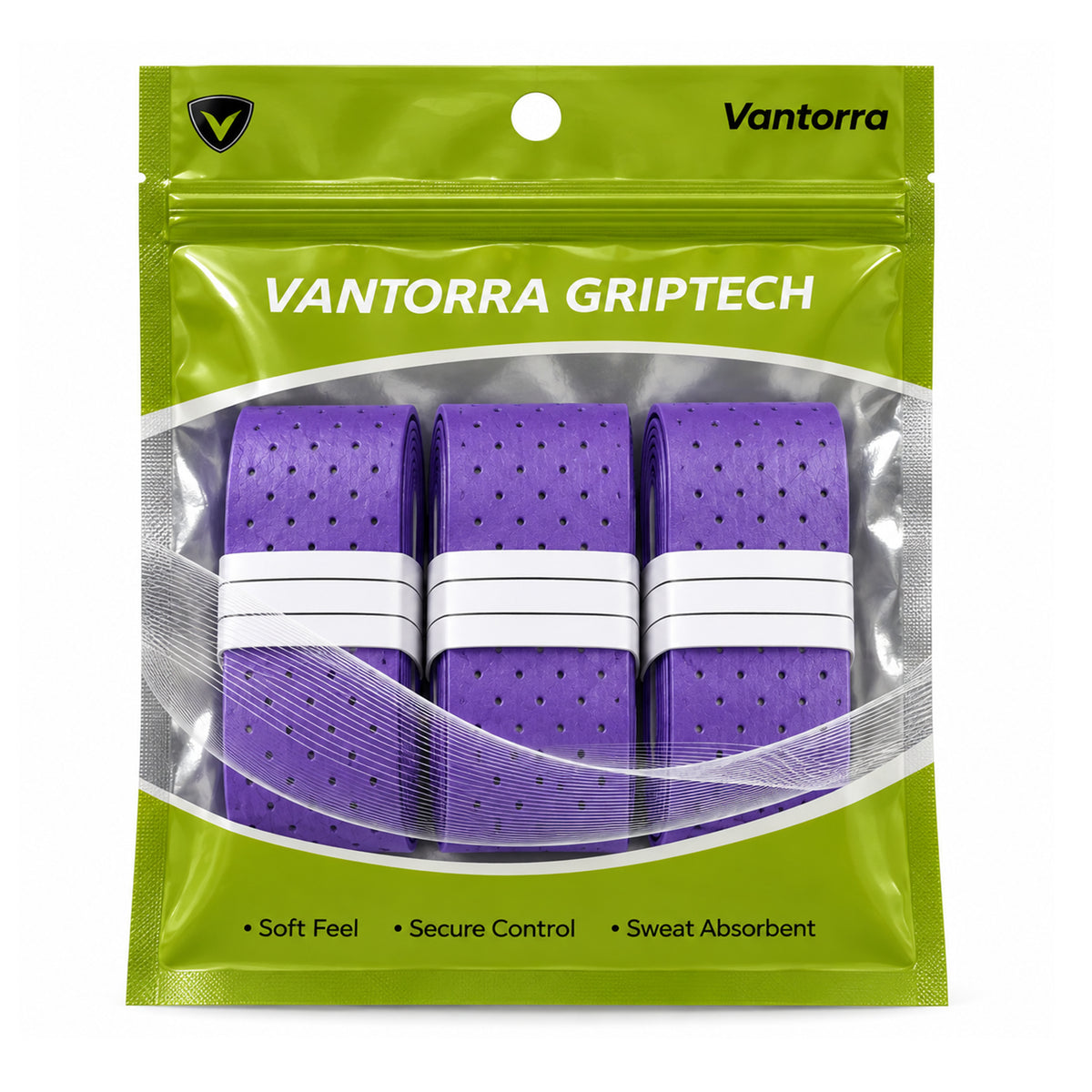 Green Vantorra GripTech pouch containing three purple perforated overgrip rolls.
