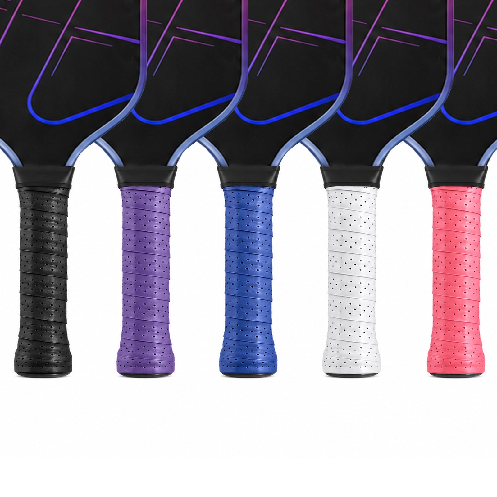 Five paddle handles wrapped in black, purple, blue, white and pink perforated R1 overgrips.