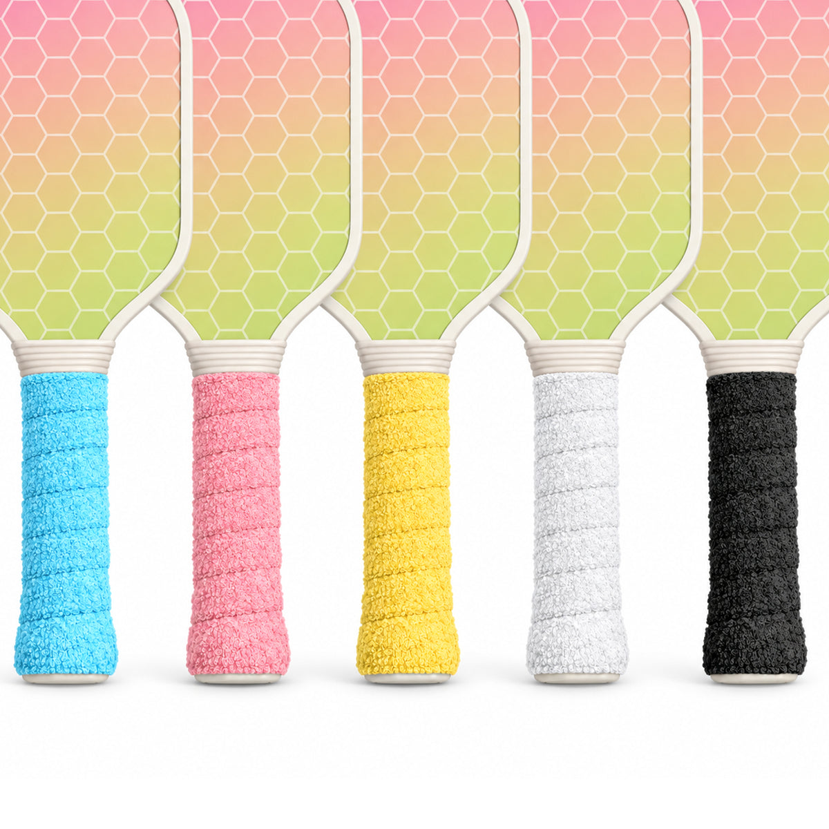 Five paddle handles wrapped in blue, pink, yellow, white and black T1 towel overgrips.