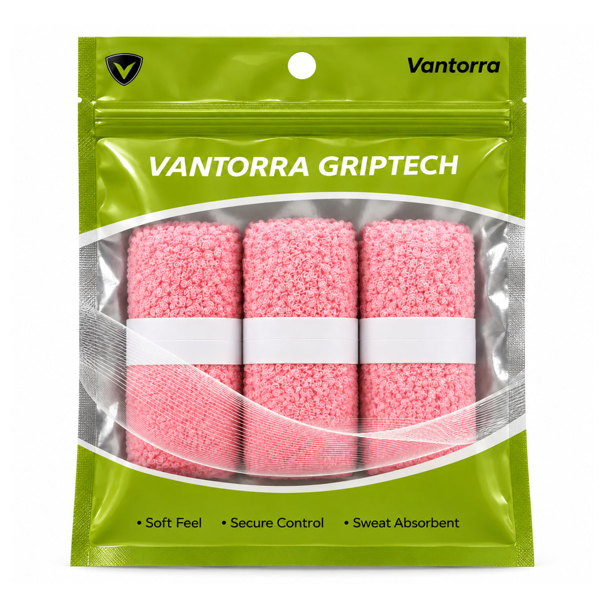 Green Vantorra GripTech pouch displaying three pink towel overgrip rolls.