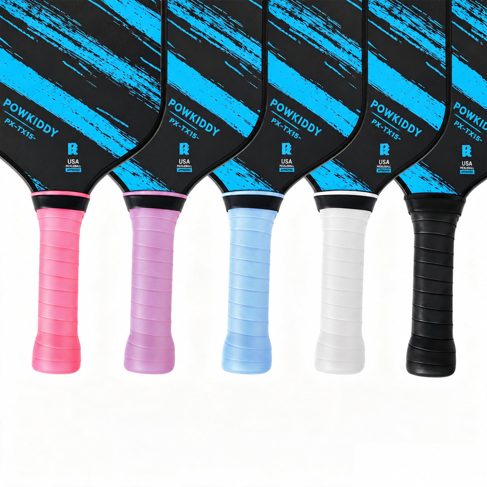 Five pickleball paddle handles wrapped in pink, purple, light blue, white and black S1 smooth overgrips.